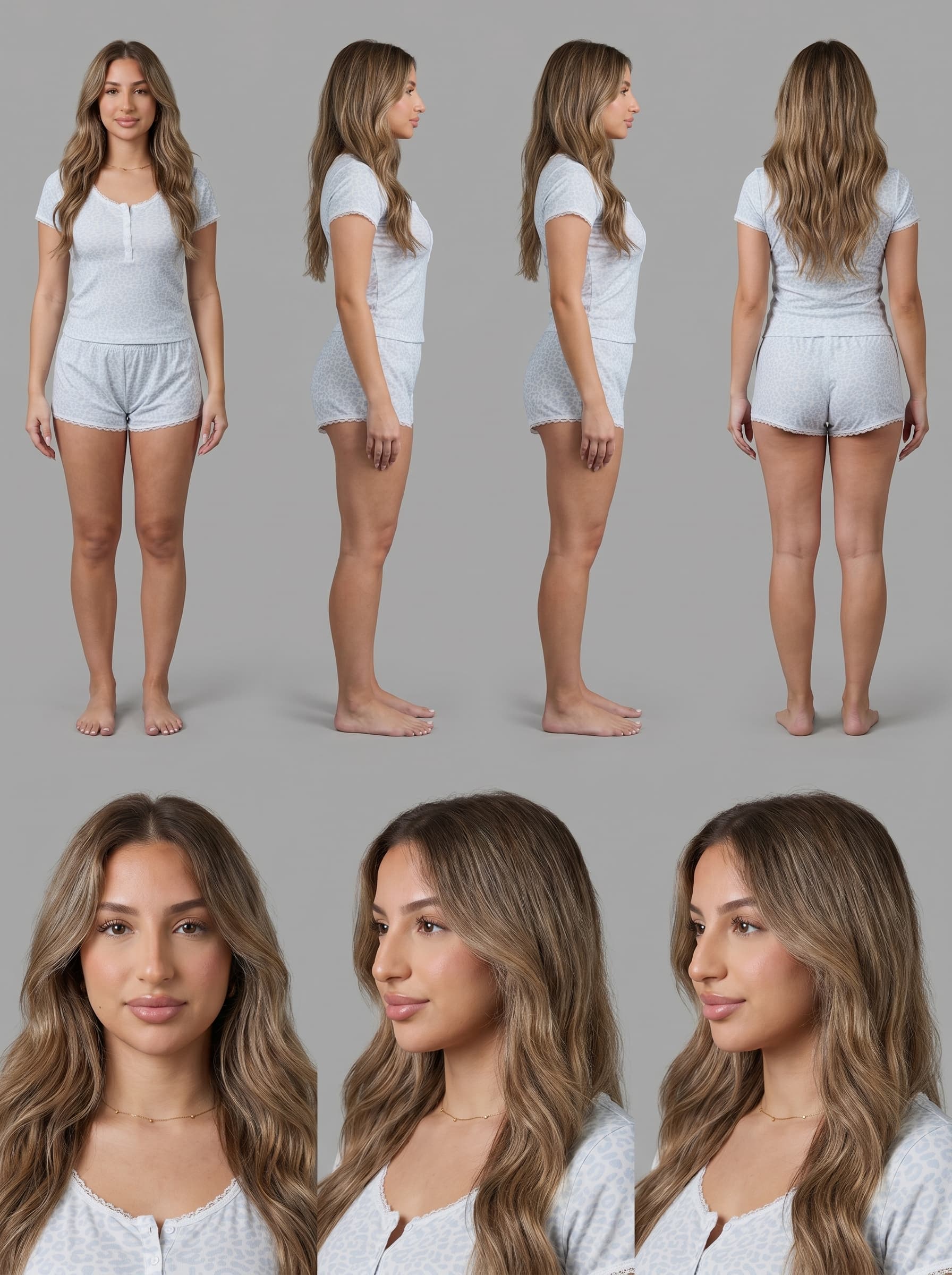 Sienna character reference sheet, 7-view production asset