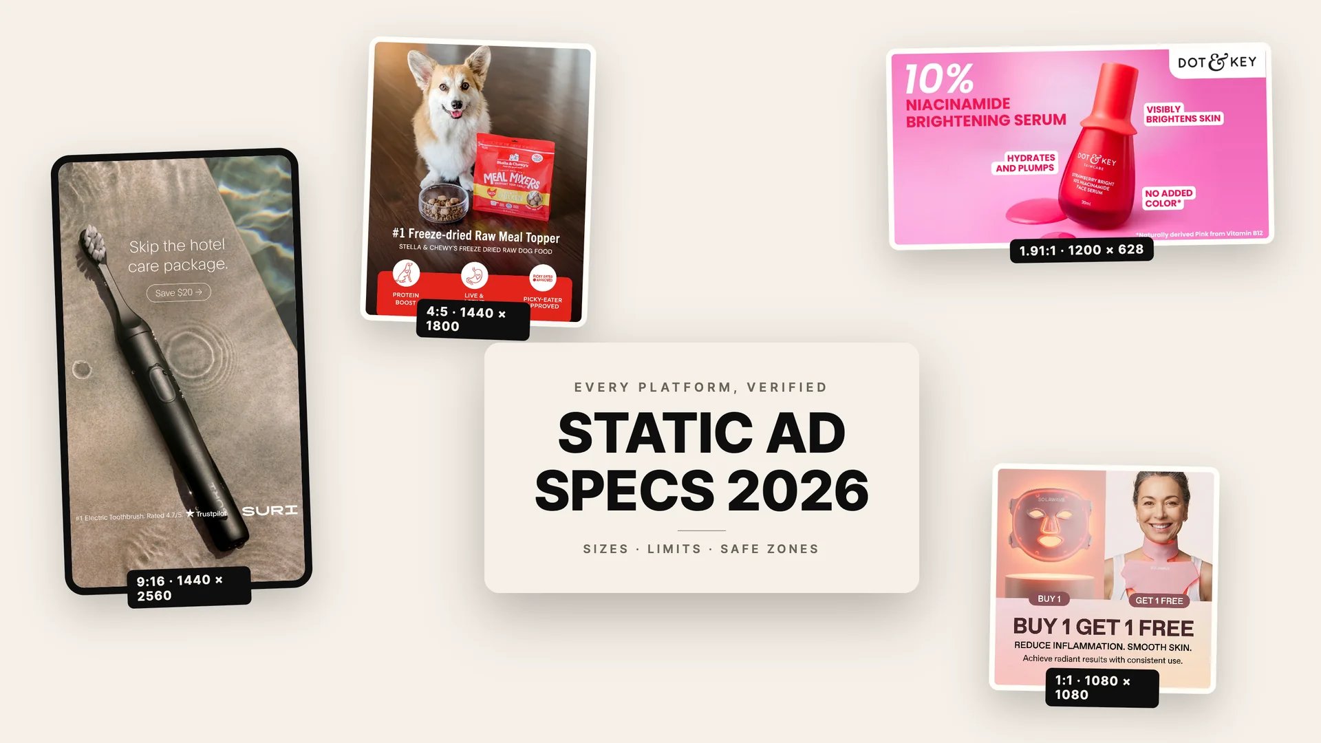 Static Ad Specs 2026 — Cover v2 (real ads at true ratios)