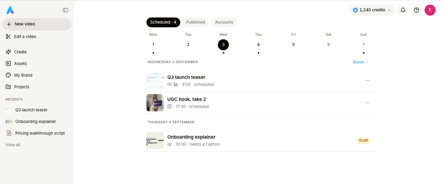 The publish screen: a week strip with scheduled posts, each with its network badges