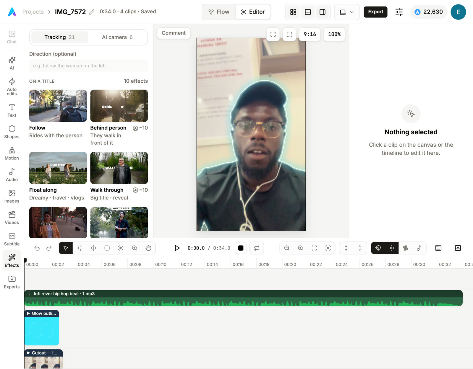The AskEditor editor in a host app's pane: the founder's clip on the canvas with a glow outline around him, the Effects panel open, and the music, glow and cut-out on the timeline.
