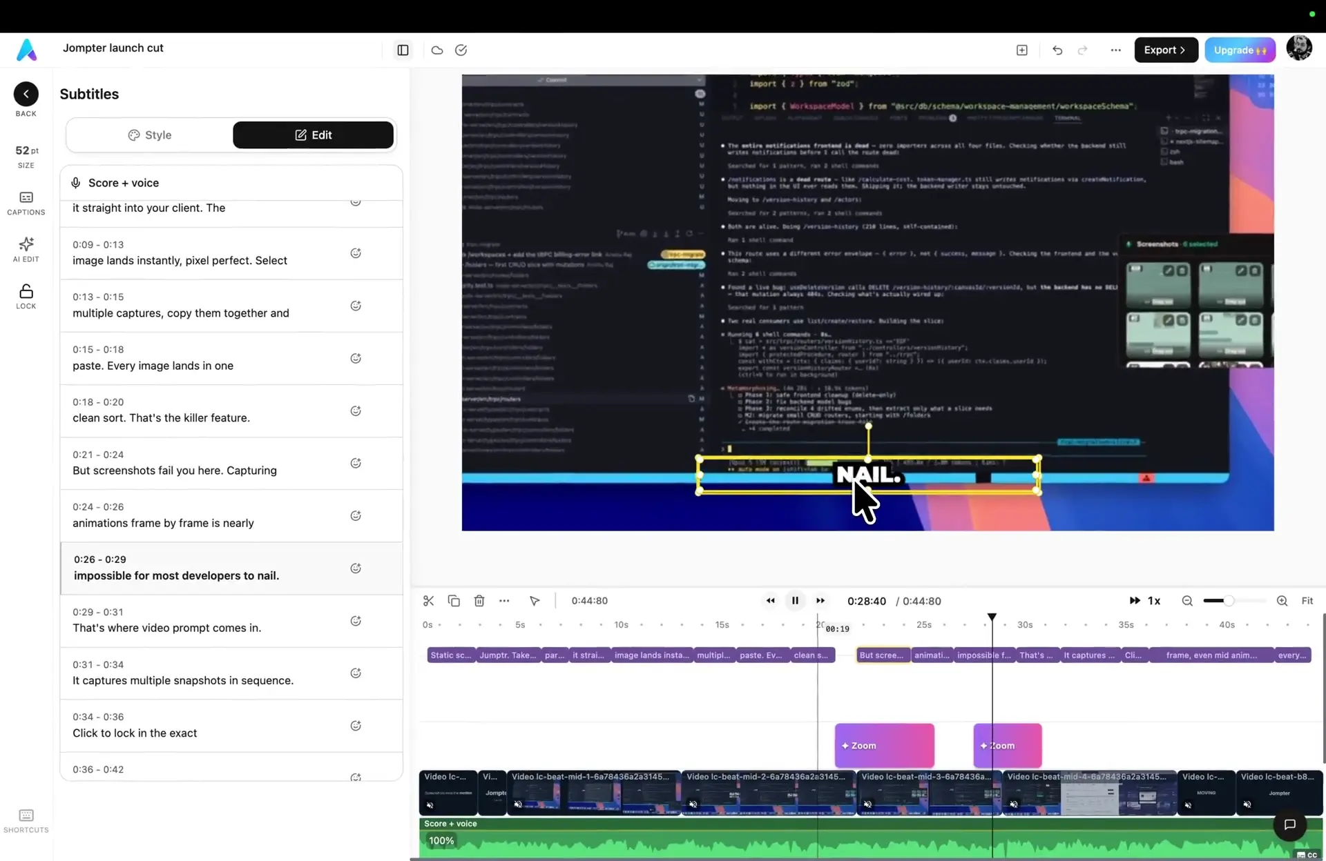 The AskEditor timeline with the launch cut open: each beat its own clip, zoom pills on their own track, the score and voice as waveforms.